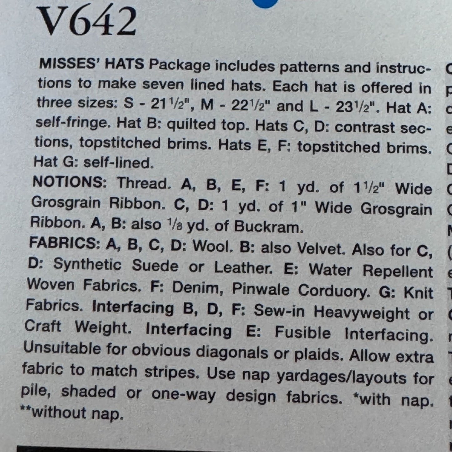 Vogue Sewing Pattern V642 Hats Beret Cloche Wide Brim Bucket Hat Millinery Uncut