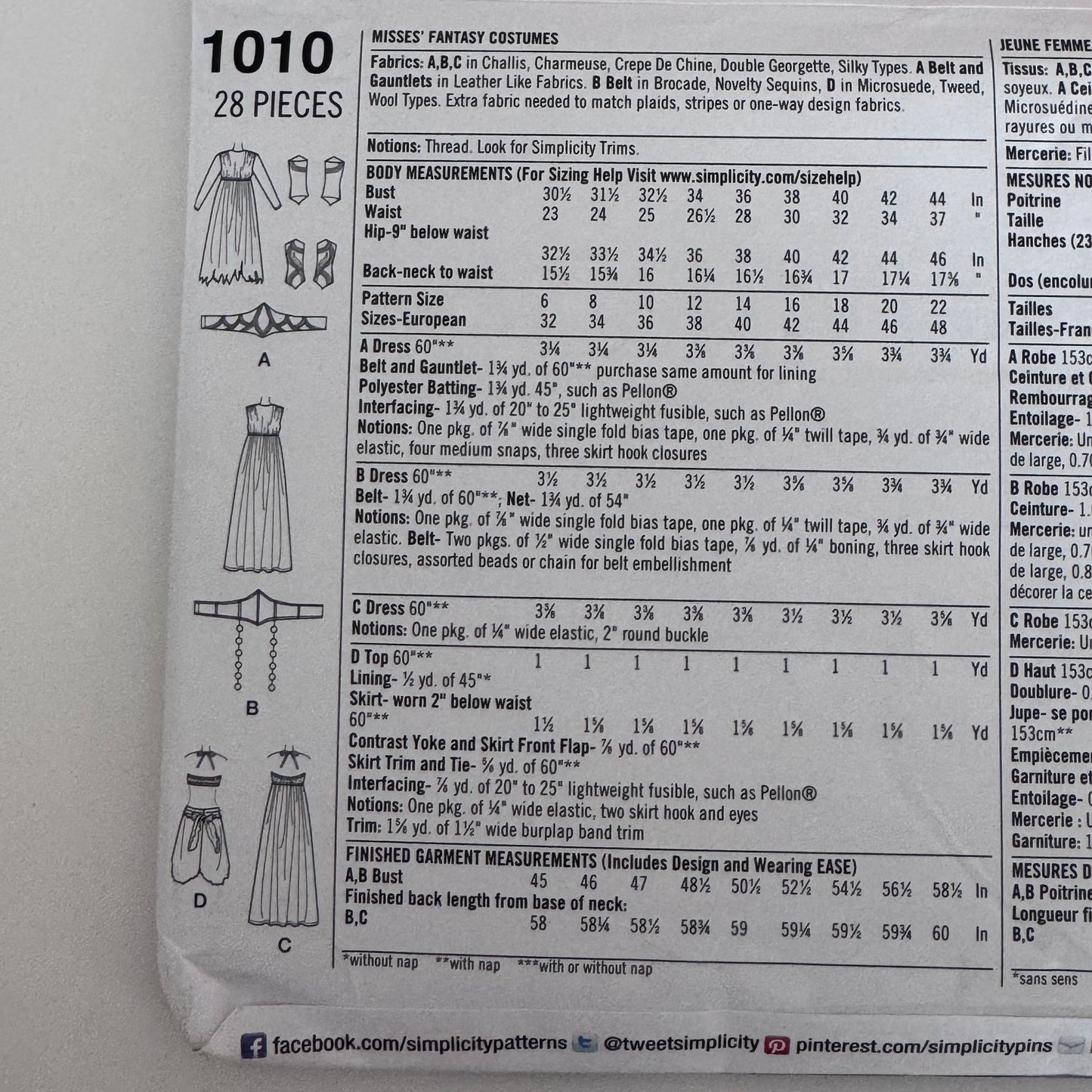 Simplicity Sewing Pattern 1010 Fantasy Costumes Elf Woodland Halloween 14-22 UC