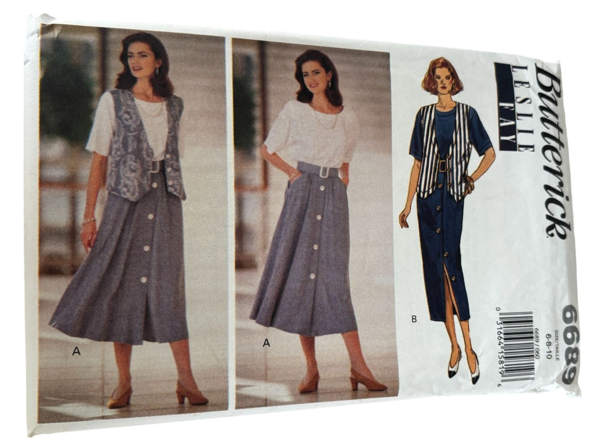 Butterick Sewing Pattern 6689 Midi Dress and Vest 90s Minimalist Vintage 6-10 Uncut