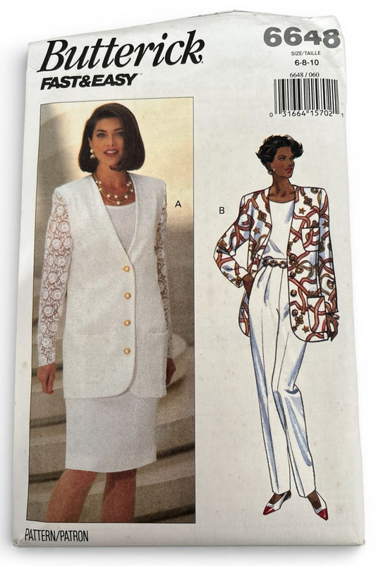Butterick Sewing Pattern 6648 Jacket Skirt Suit Pants 90s Work Easy Uncut 6 8 10