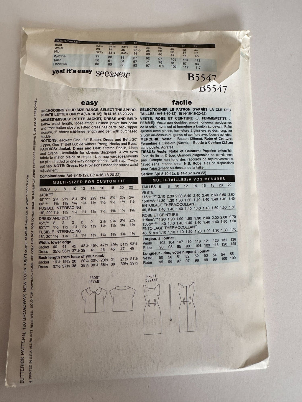 Butterick Sewing Pattern B5547 Tailored Dress and Jacket Modern Chic 14-22 Uncut