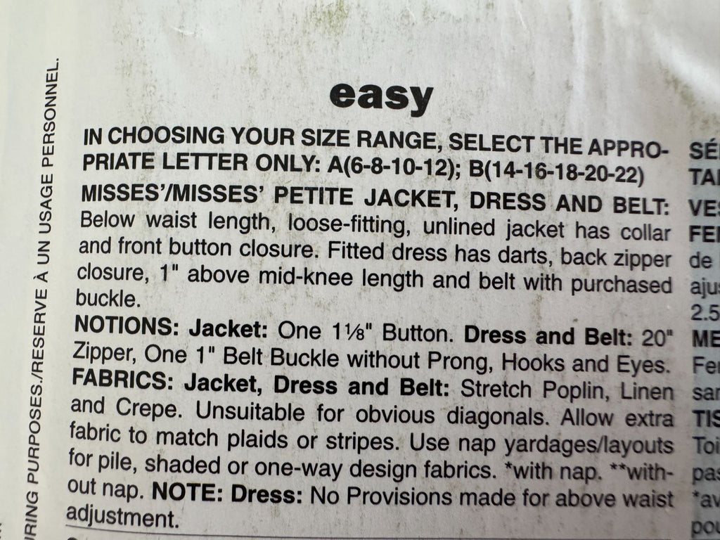 Butterick Sewing Pattern B5547 Tailored Dress and Jacket Modern Chic 14-22 Uncut