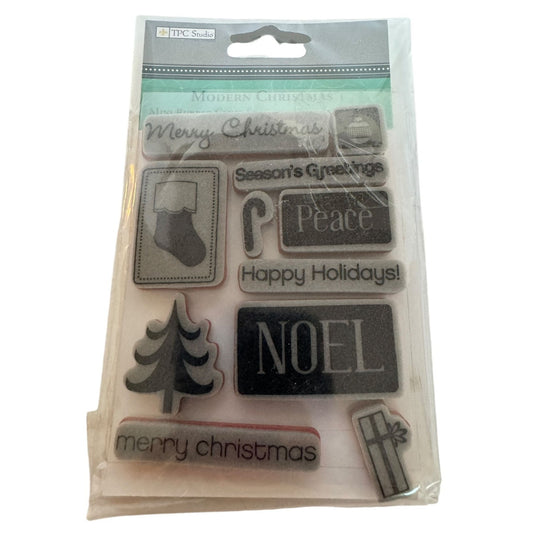TPC Studio Rubber Cling Stamp Set Modern Christmas Gift Tag Card Making Small