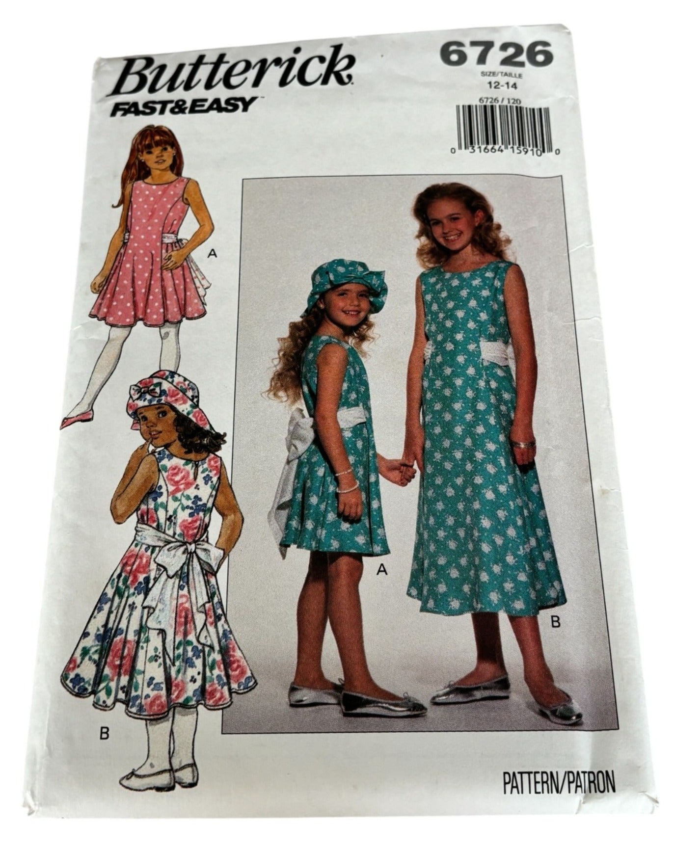 Butterick Sewing Pattern 6726 Girls Easter Dress Hat Spring 90s Vintage 12 14 Uncut