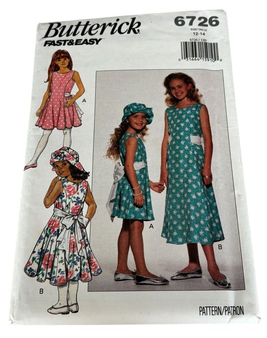 Butterick Sewing Pattern 6726 Girls Easter Dress Hat Spring 90s Vintage 12 14 Uncut