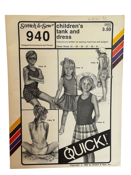 Stretch and Sew Sewing Pattern 940 Childrens Tank Top Shirt and Dress 1980s UC