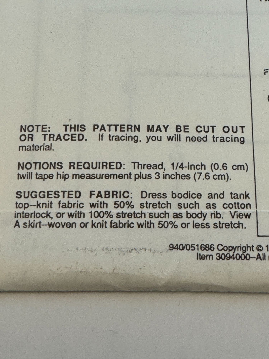 Stretch and Sew Sewing Pattern 940 Childrens Tank Top Shirt and Dress 1980s UC