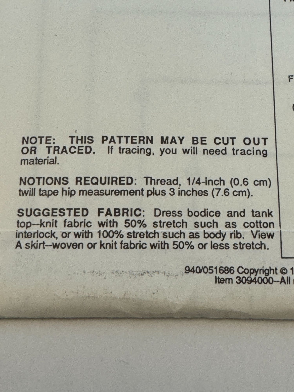 Stretch and Sew Sewing Pattern 940 Childrens Tank Top Shirt and Dress 1980s UC