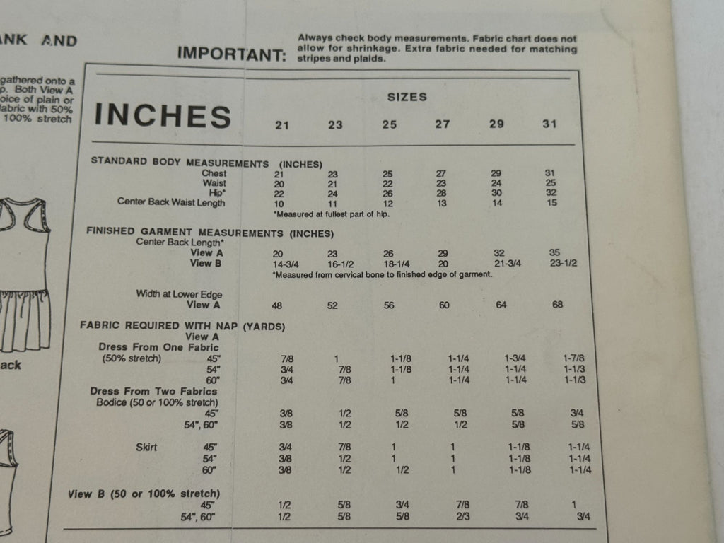Stretch and Sew Sewing Pattern 940 Childrens Tank Top Shirt and Dress 1980s UC