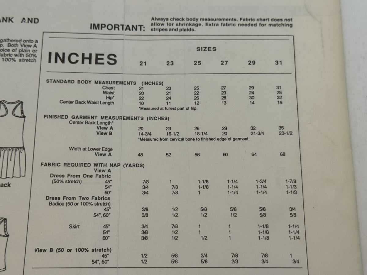 Stretch and Sew Sewing Pattern 940 Childrens Tank Top Shirt and Dress 1980s UC