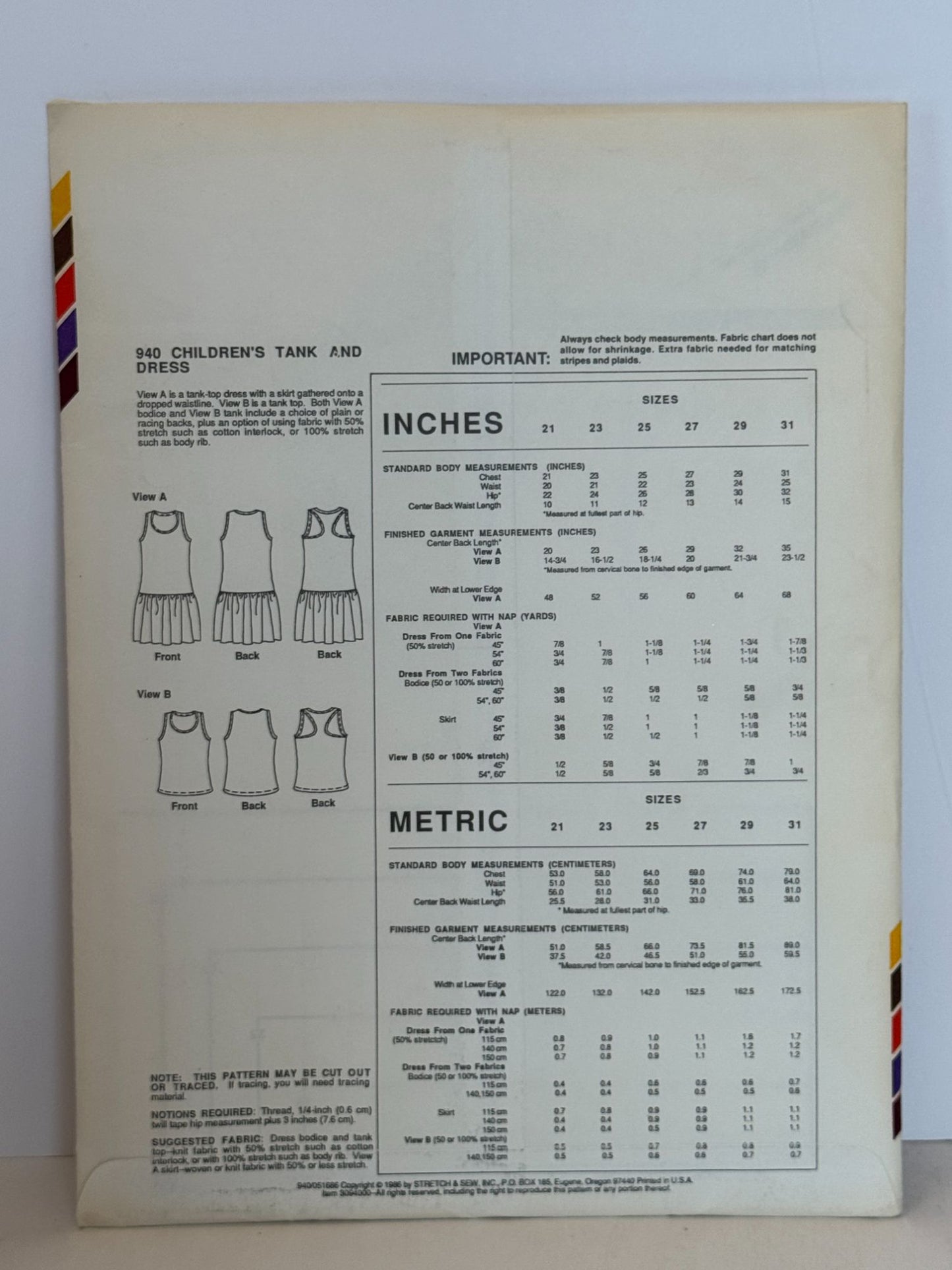 Stretch and Sew Sewing Pattern 940 Childrens Tank Top Shirt and Dress 1980s UC