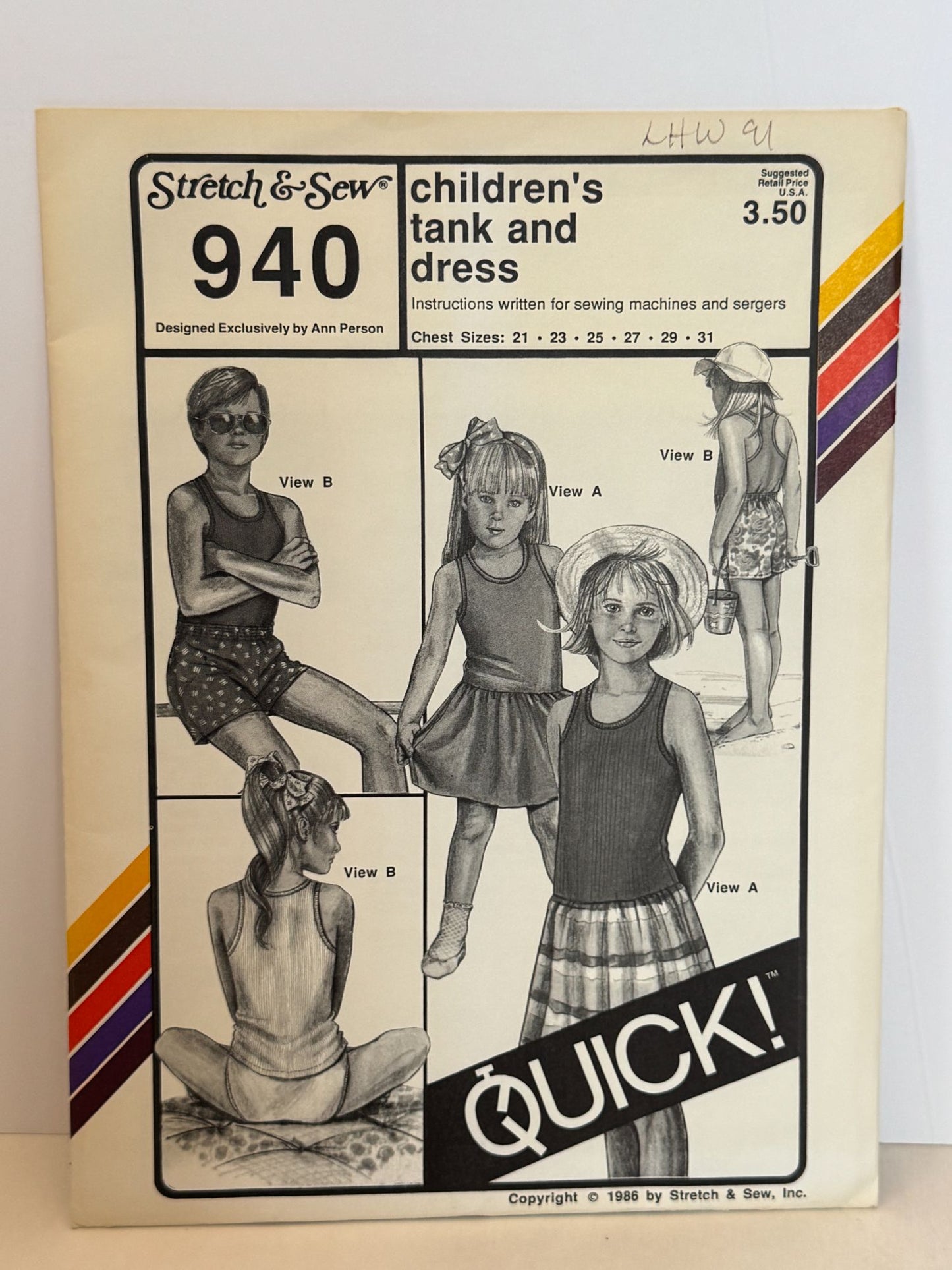 Stretch and Sew Sewing Pattern 940 Childrens Tank Top Shirt and Dress 1980s UC