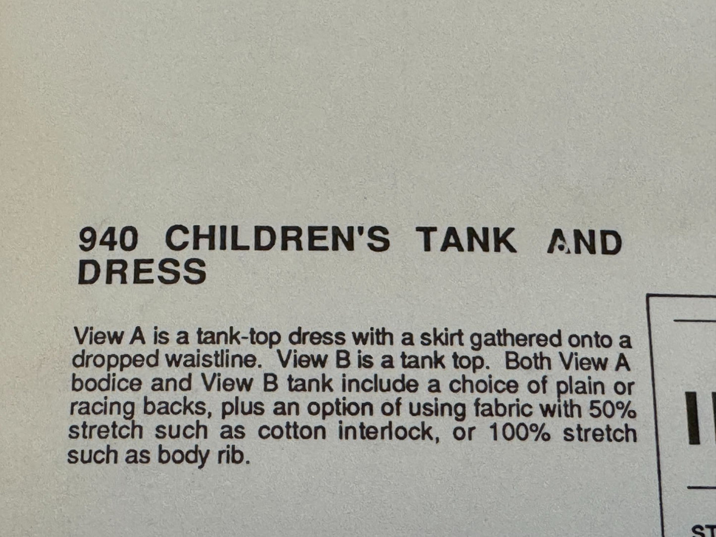 Stretch and Sew Sewing Pattern 940 Childrens Tank Top Shirt and Dress 1980s UC