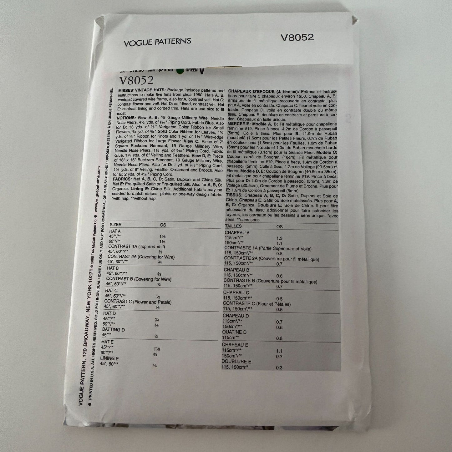 Vogue Sewing Pattern V8052 Misses Hat Vintage 1950s Style Accessories Wedding UC