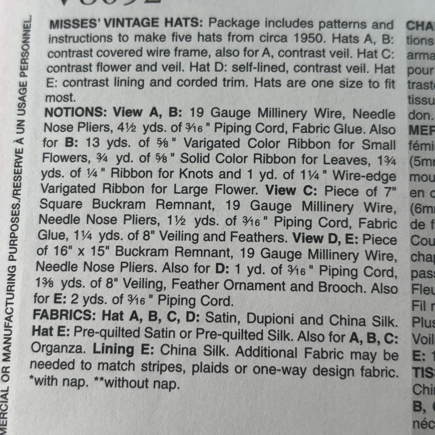 Vogue Sewing Pattern V8052 Misses Hat Vintage 1950s Style Accessories Wedding UC