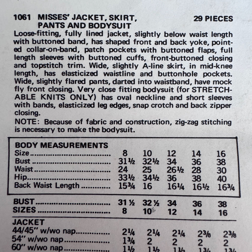 Vogue Sewing Pattern 1061 Americana Designer Anne Klein Bodysuit Jacket Skirt 1970s 14 Uncut