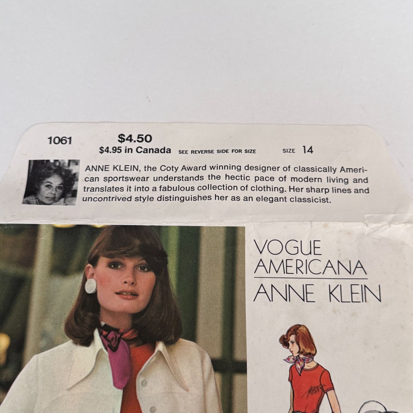 Vogue Sewing Pattern 1061 Americana Designer Anne Klein Bodysuit Jacket Skirt 1970s 14 Uncut