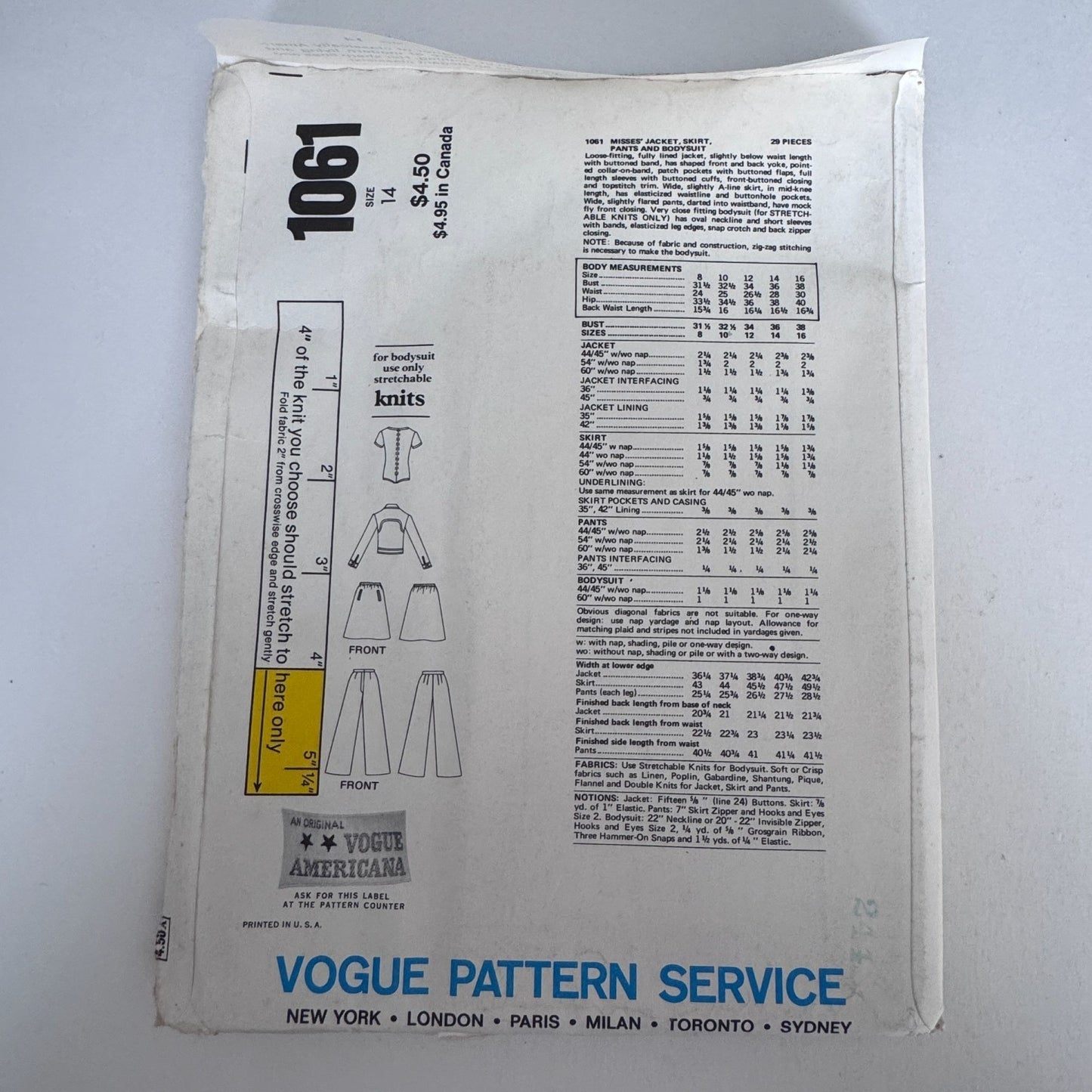 Vogue Sewing Pattern 1061 Americana Designer Anne Klein Bodysuit Jacket Skirt 1970s 14 Uncut
