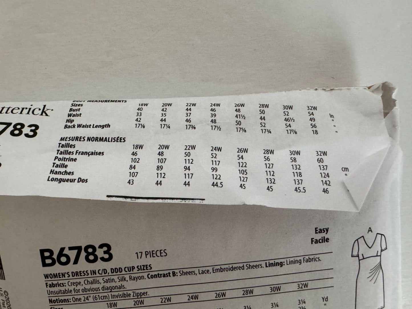 Butterick B6783 Plus Size 26W-32W Dress Pattern Wedding Guest Formal Evening FF