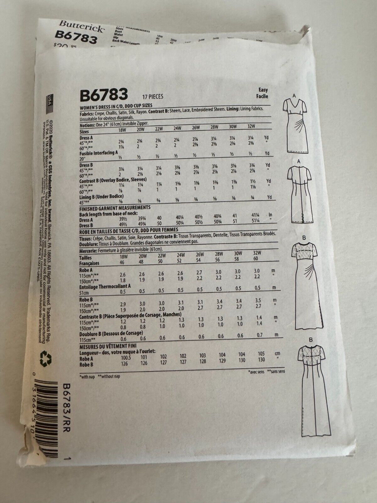 Butterick B6783 Plus Size 26W-32W Dress Pattern Wedding Guest Formal Evening FF