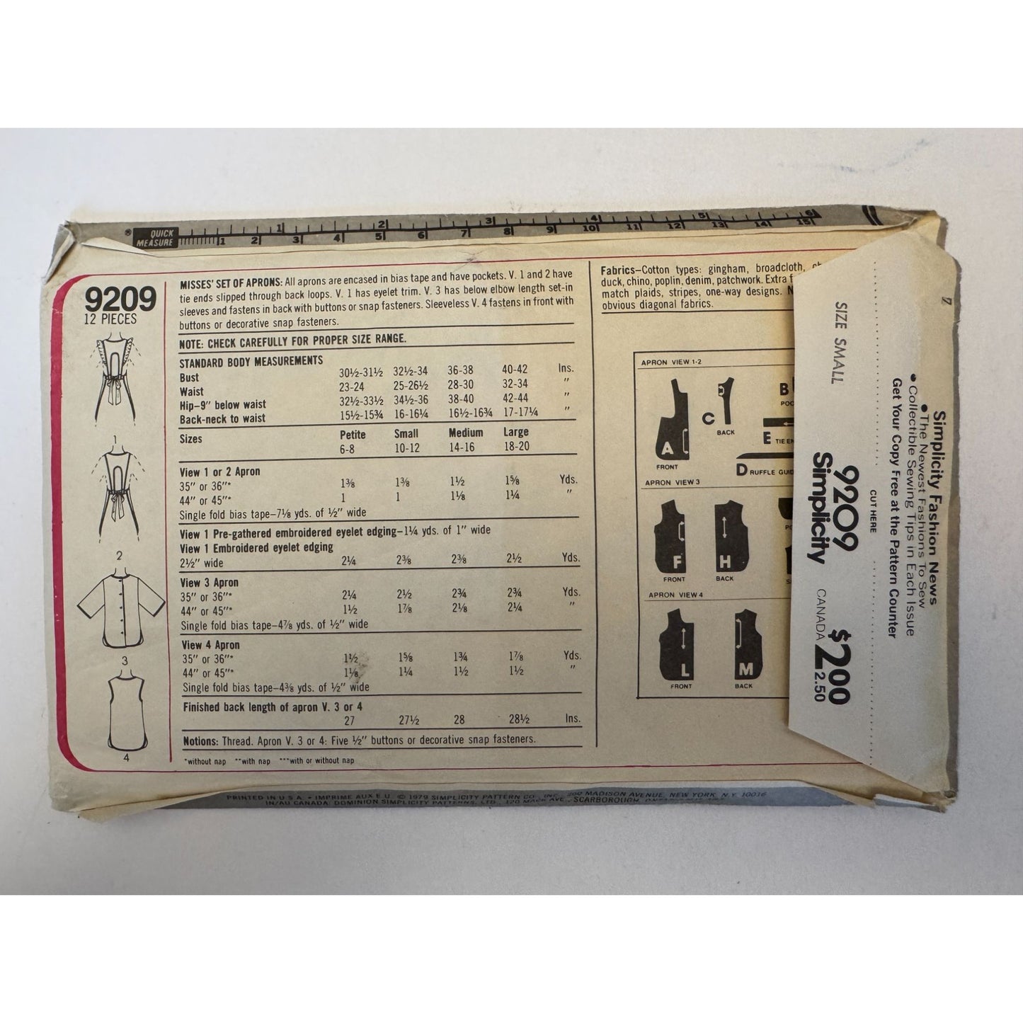 Simplicity Sewing Pattern 9209 Kitchen Apron Retro Size Small 10 12 1970s Vintage Uncut