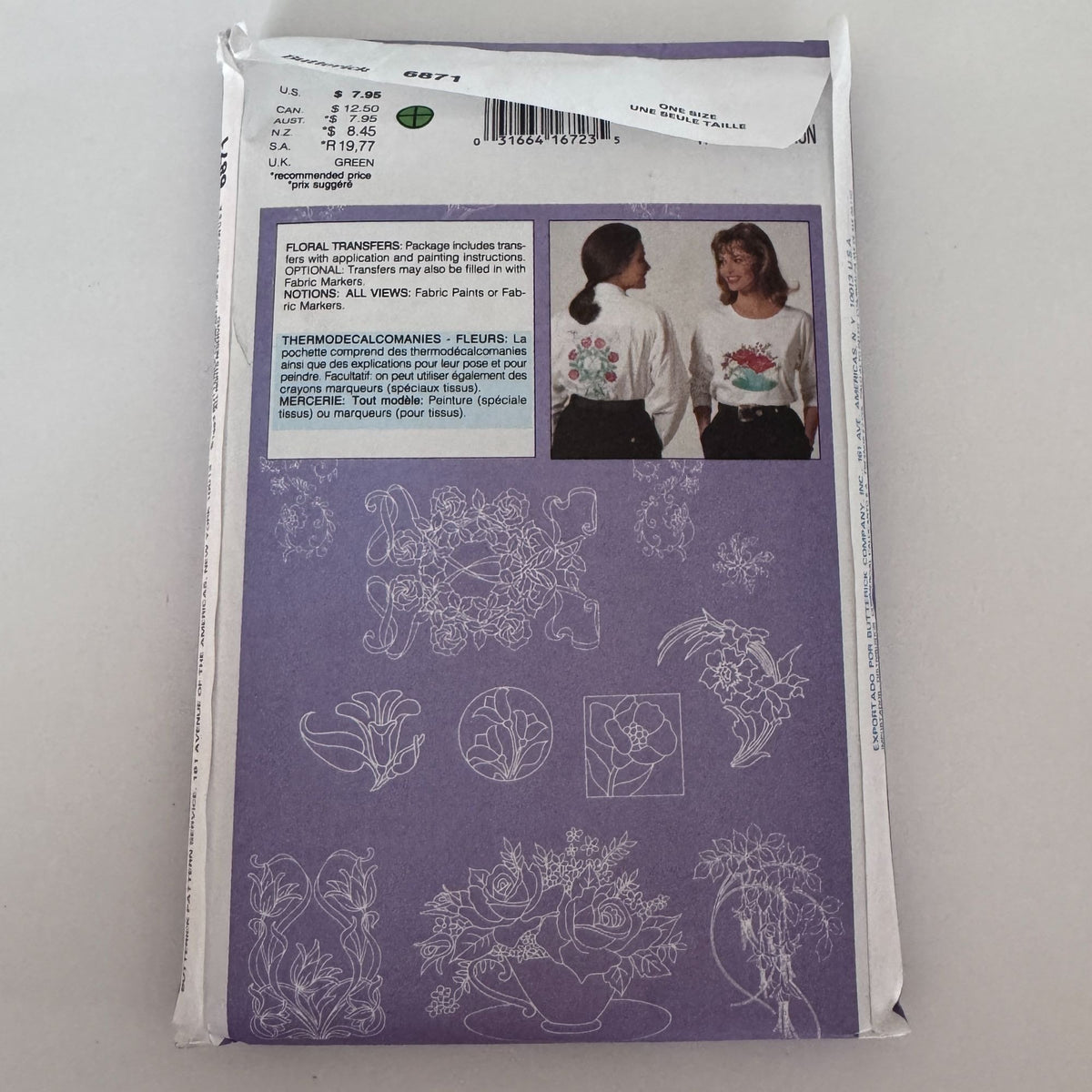 Butterick 6871 Floral Transfers Pattern Embroidery Applique Fabric Painting Markers Flowers Uncut
