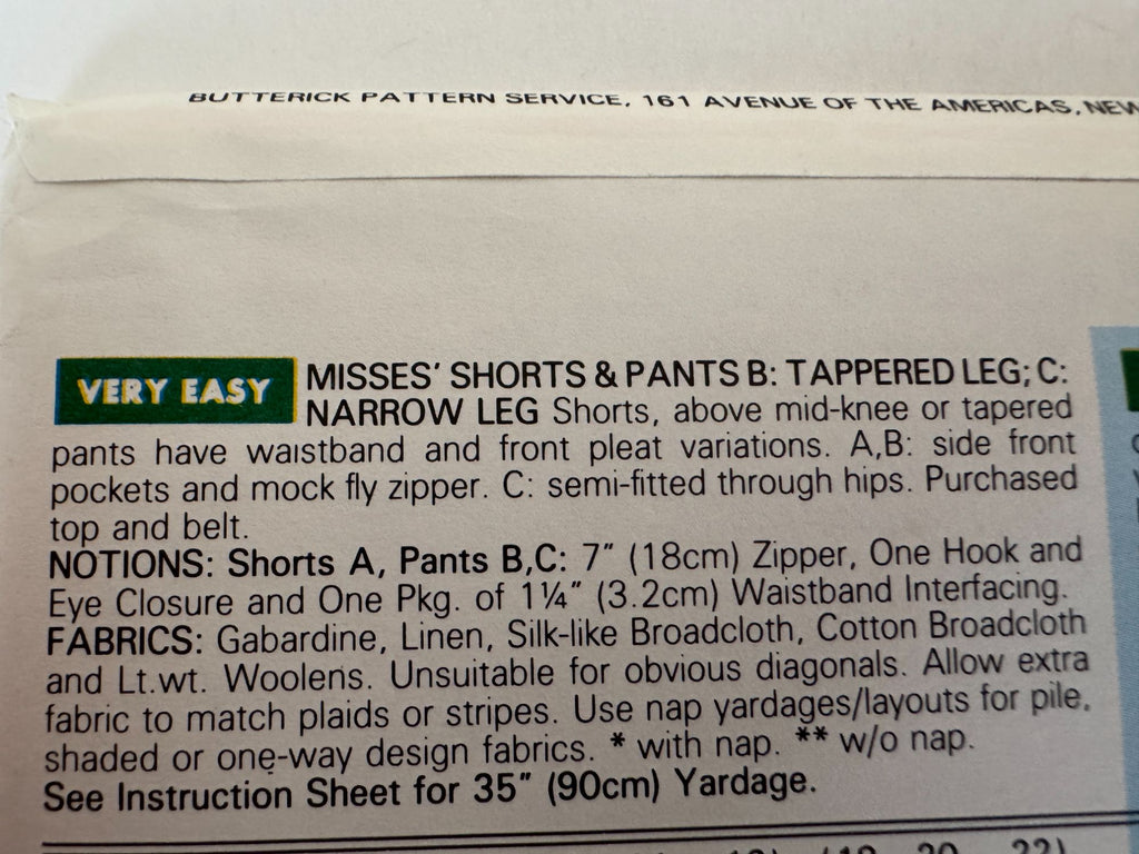 Butterick Sewing Pattern 5090 Fast Very Easy Misses Shorts Pants Tapered Leg
