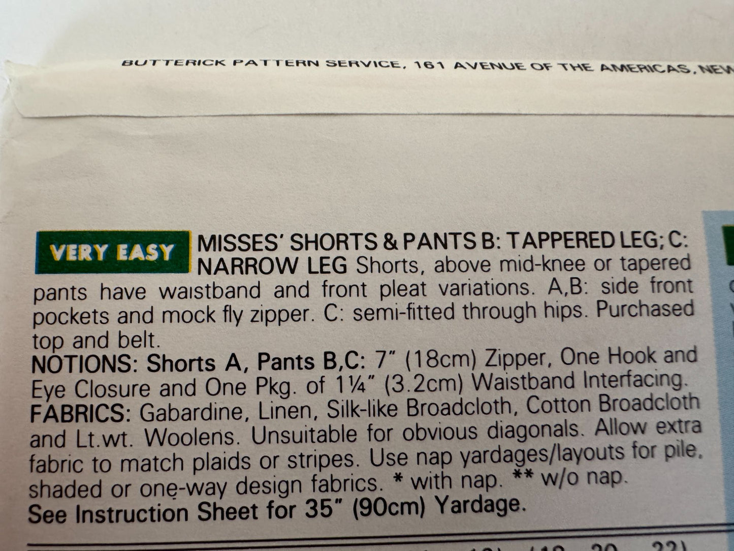 Butterick Sewing Pattern 5090 Fast Very Easy Misses Shorts Pants Tapered Leg