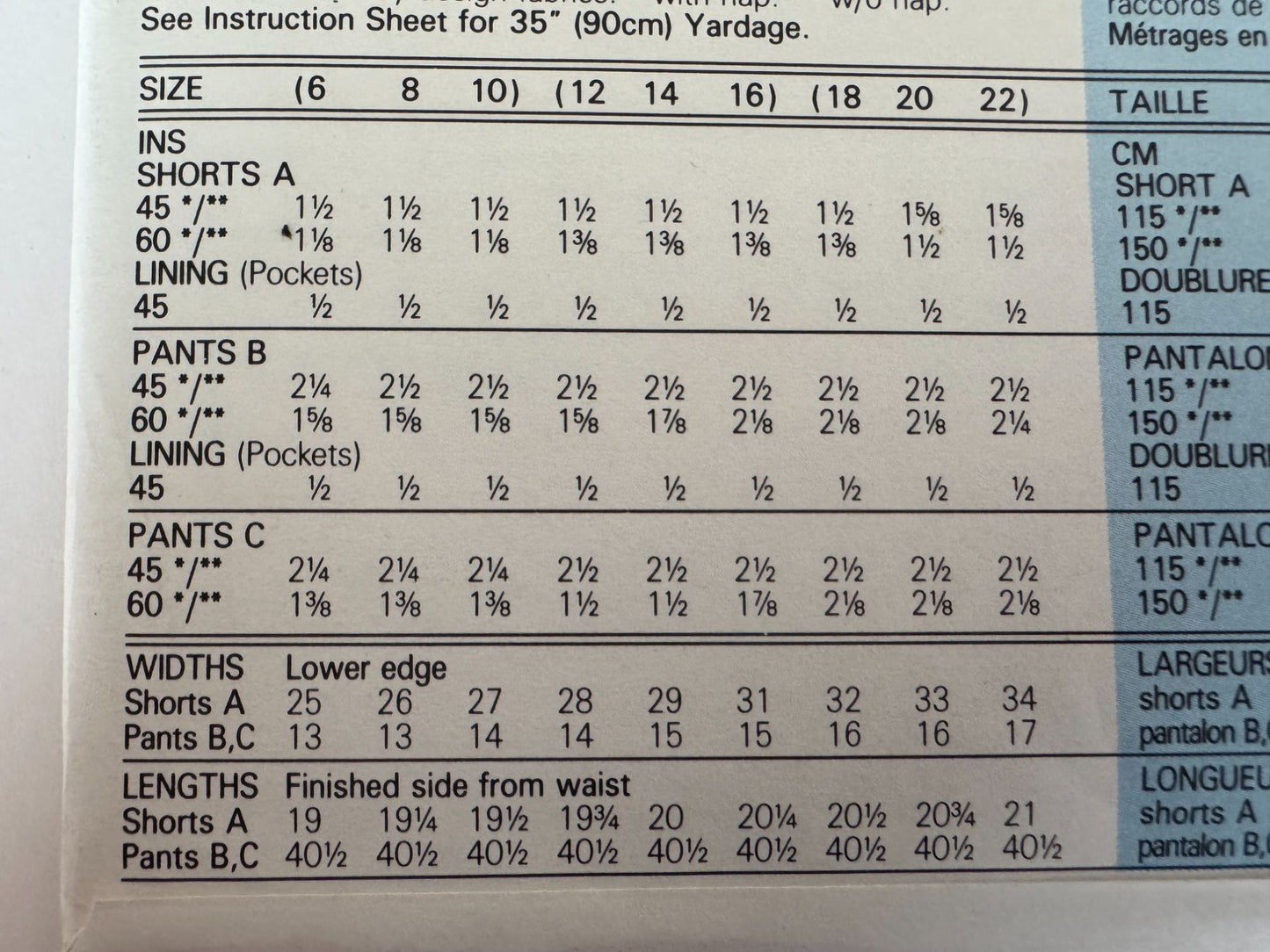 Butterick Sewing Pattern 5090 Fast Very Easy Misses Shorts Pants Tapered Leg
