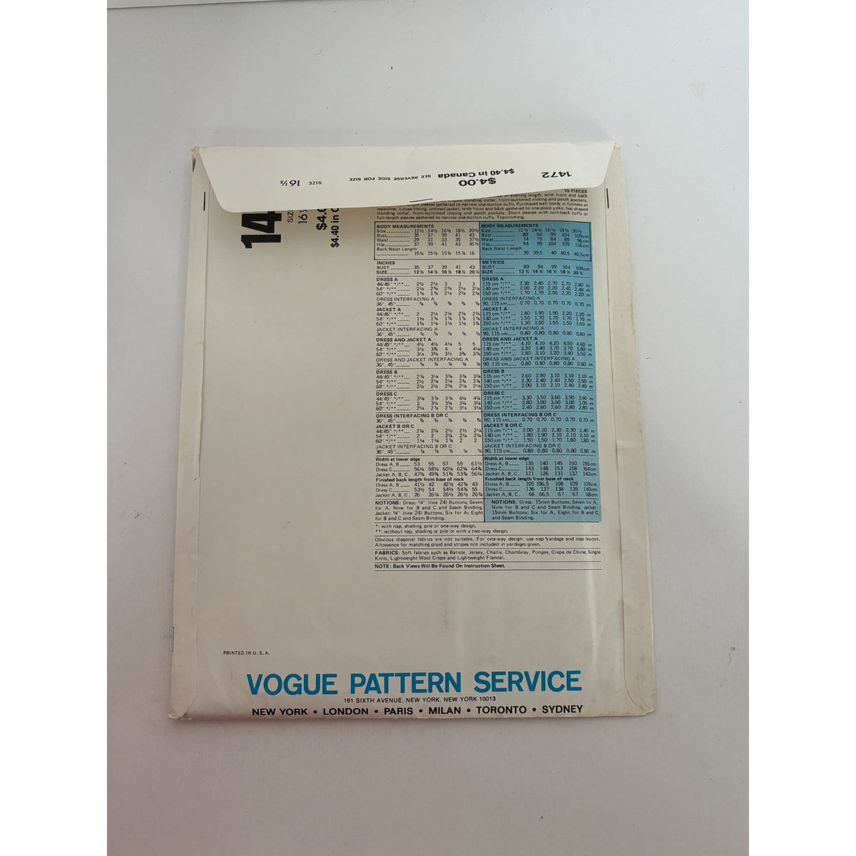 Vogue Sewing Pattern 1472 Jacket Midi Dress 70s Vintage Boho Belted Size 16.5 Uncut