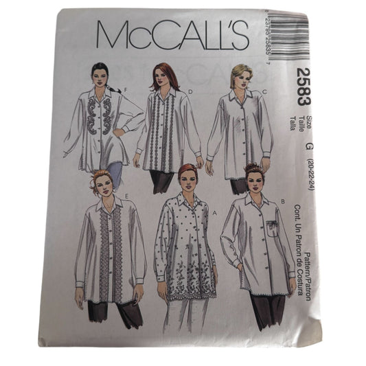 McCalls Sewing Pattern 2583 Blouse Boho Tunic Top Y2K Front Button Shirt 20-24 Uncut