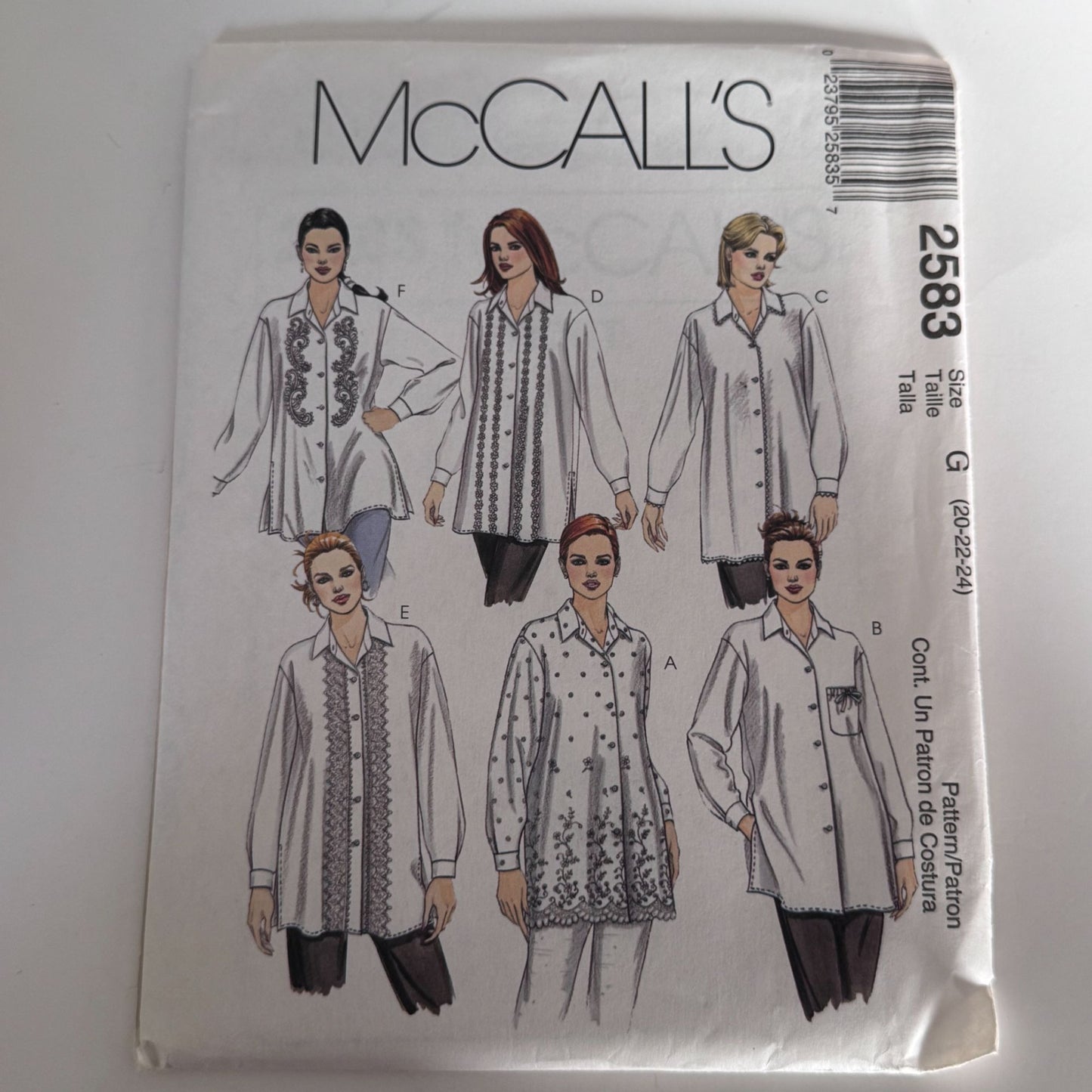 McCalls Sewing Pattern 2583 Blouse Boho Tunic Top Y2K Front Button Shirt 20-24 Uncut