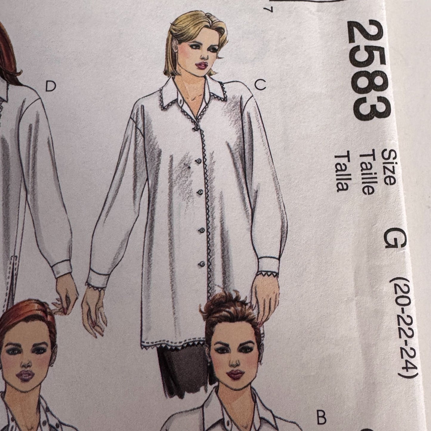 McCalls Sewing Pattern 2583 Blouse Boho Tunic Top Y2K Front Button Shirt 20-24 Uncut