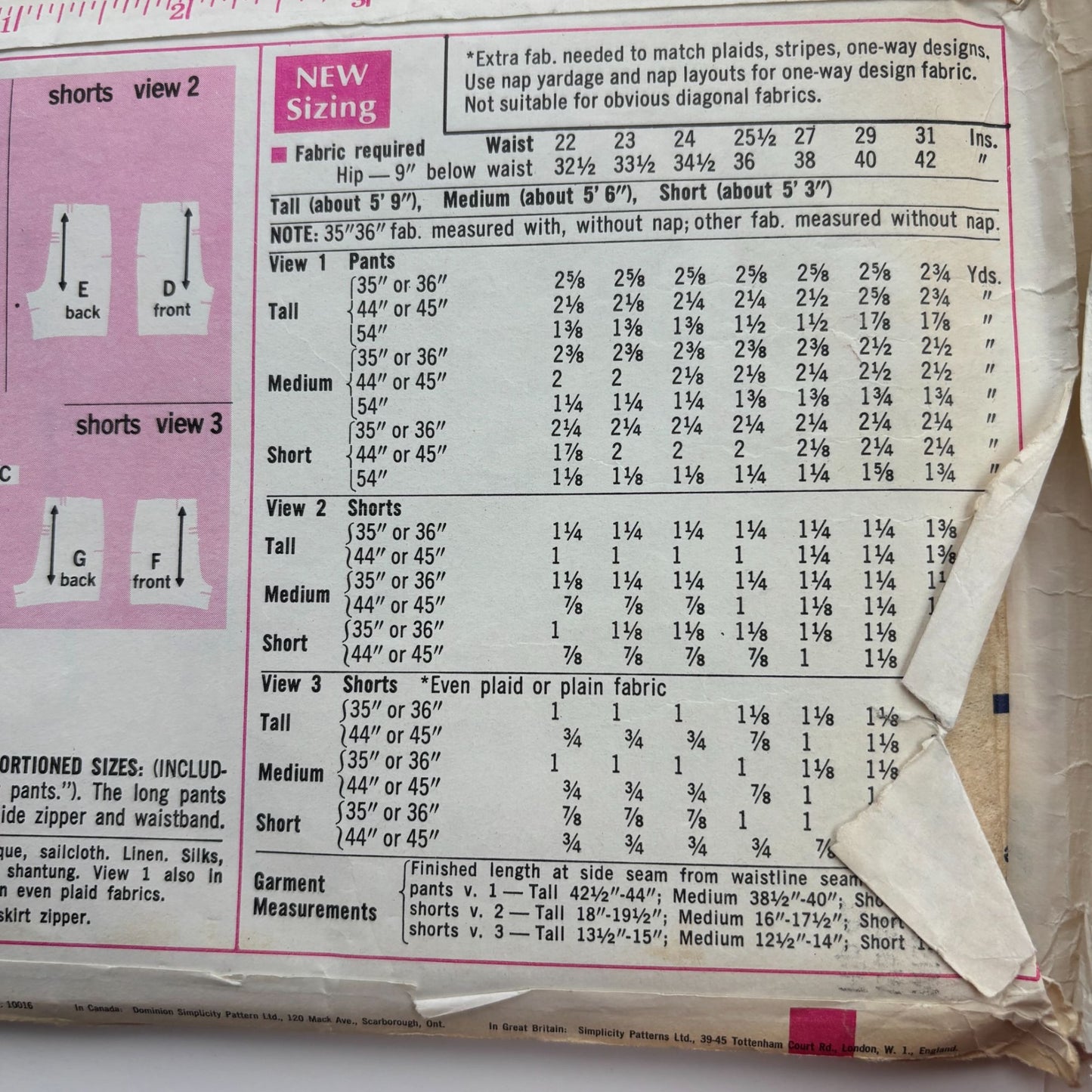 Simplicity Sewing Pattern 7688 Mod Pants Jamaica Short Shorts Vintage 1960s UC