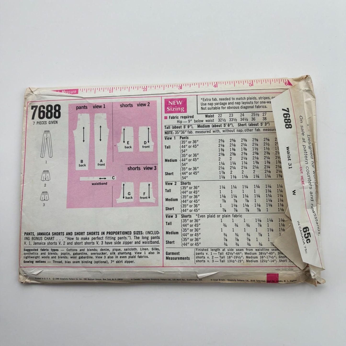 Simplicity Sewing Pattern 7688 Mod Pants Jamaica Short Shorts Vintage 1960s UC