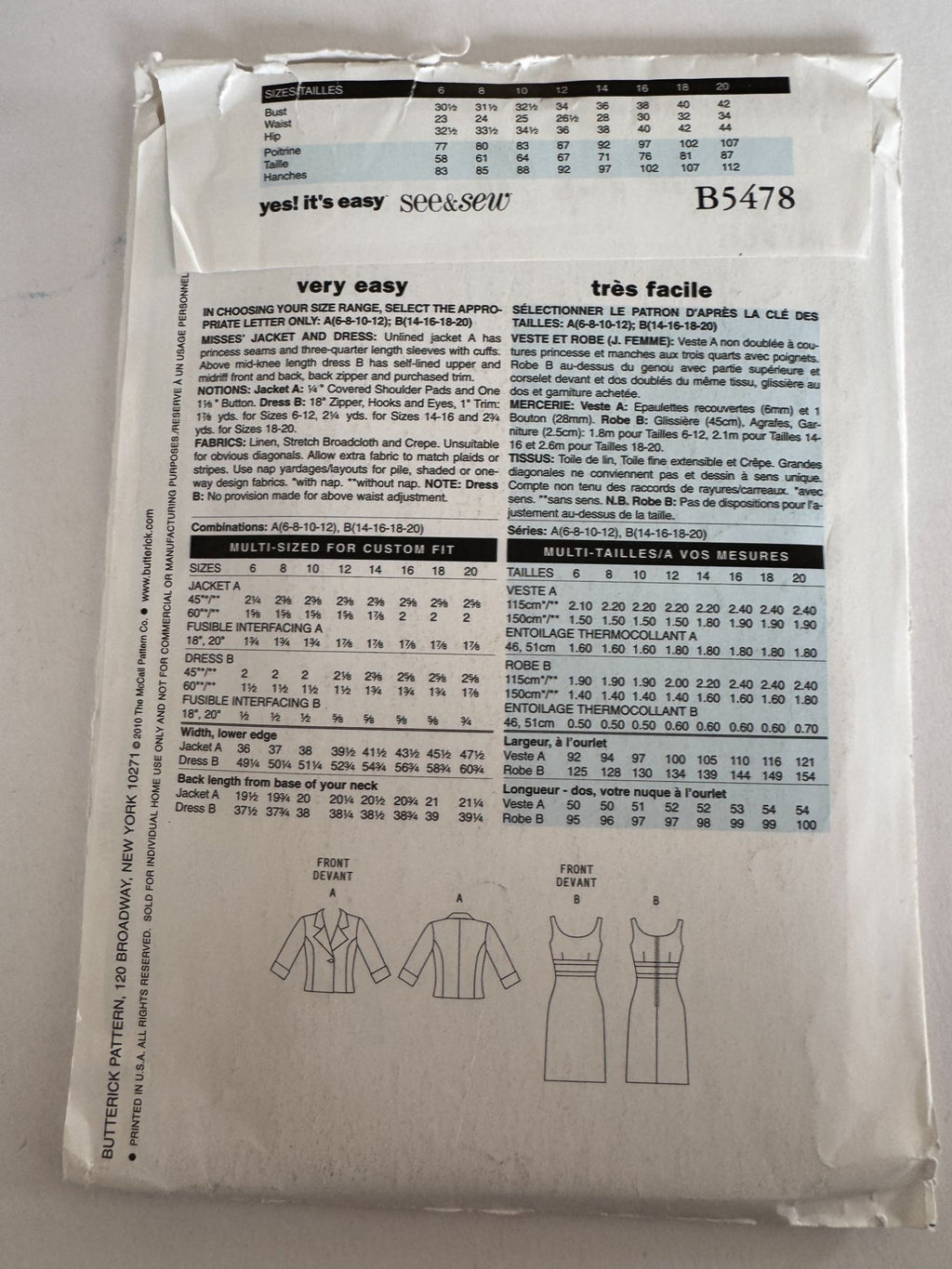 Butterick Sewing Pattern B5478 Dress Jacket Modern Office Chic Sizes 14–20 Uncut