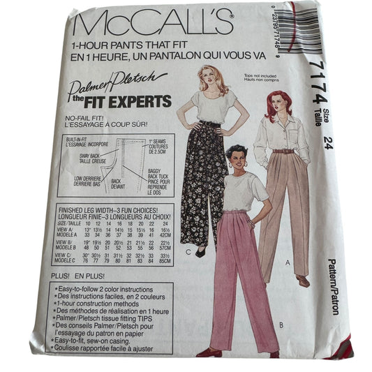McCalls Sewing Pattern 7174 Misses Pants Work High Waist Easy Plus Size 24 Uncut