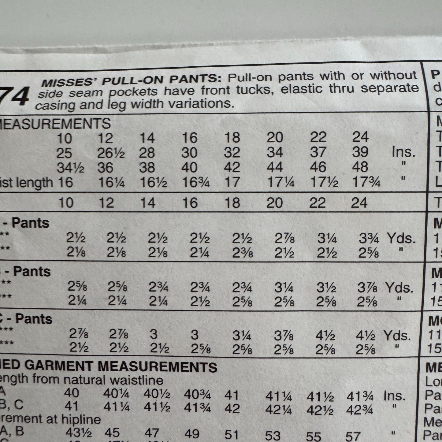 McCalls Sewing Pattern 7174 Misses Pants Work High Waist Easy Plus Size 24 Uncut