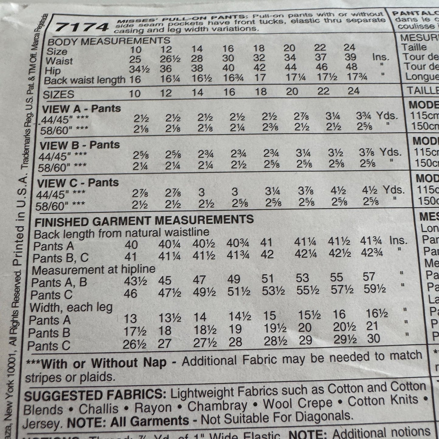 McCalls Sewing Pattern 7174 Misses Pants Work High Waist Easy Plus Size 24 Uncut