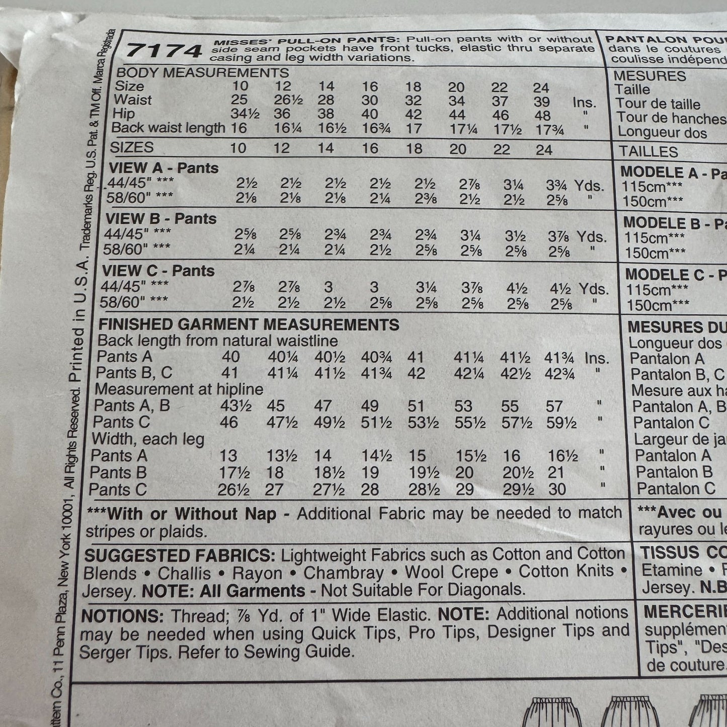 McCalls Sewing Pattern 7174 Misses Pants Work High Waist Easy Plus Size 24 Uncut