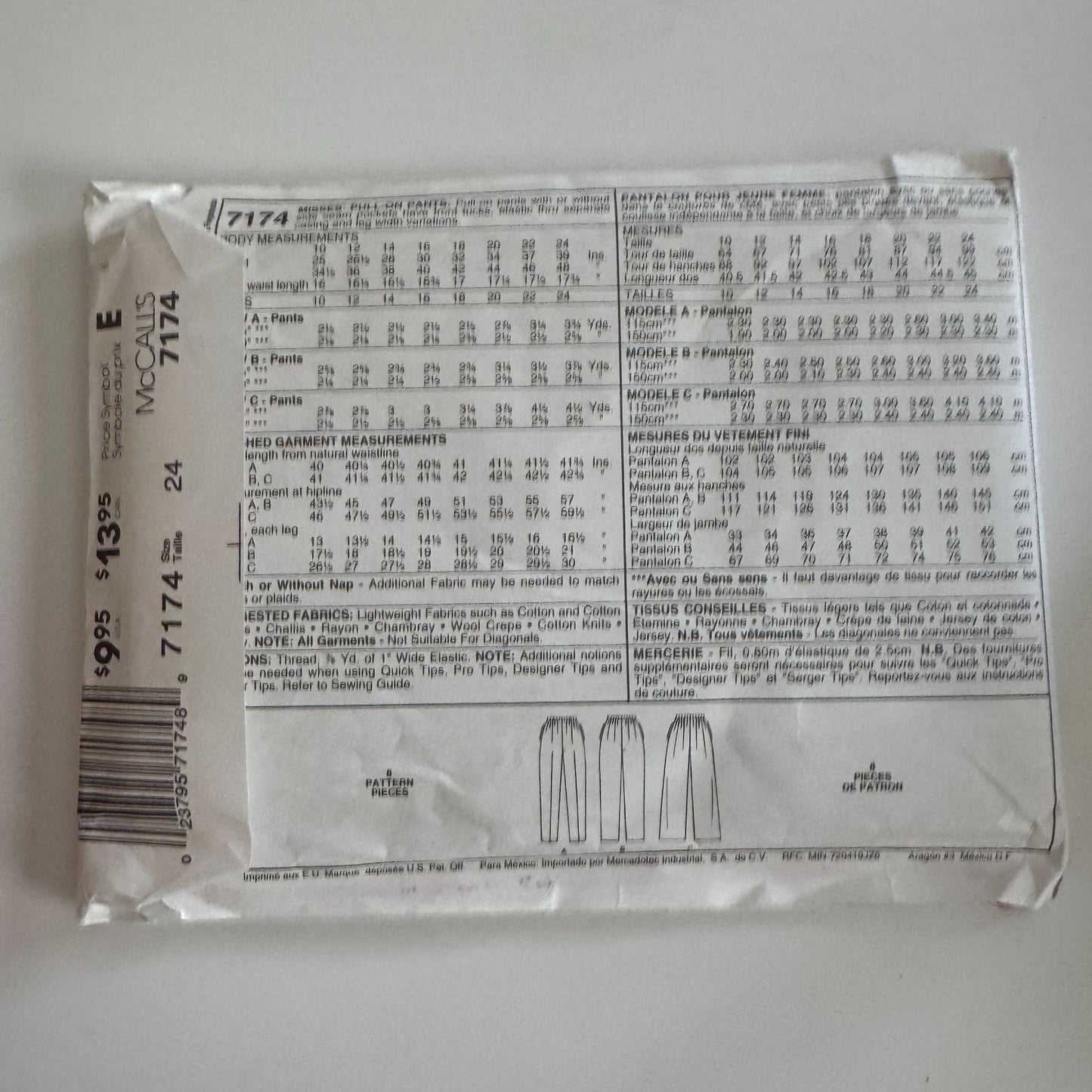 McCalls Sewing Pattern 7174 Misses Pants Work High Waist Easy Plus Size 24 Uncut