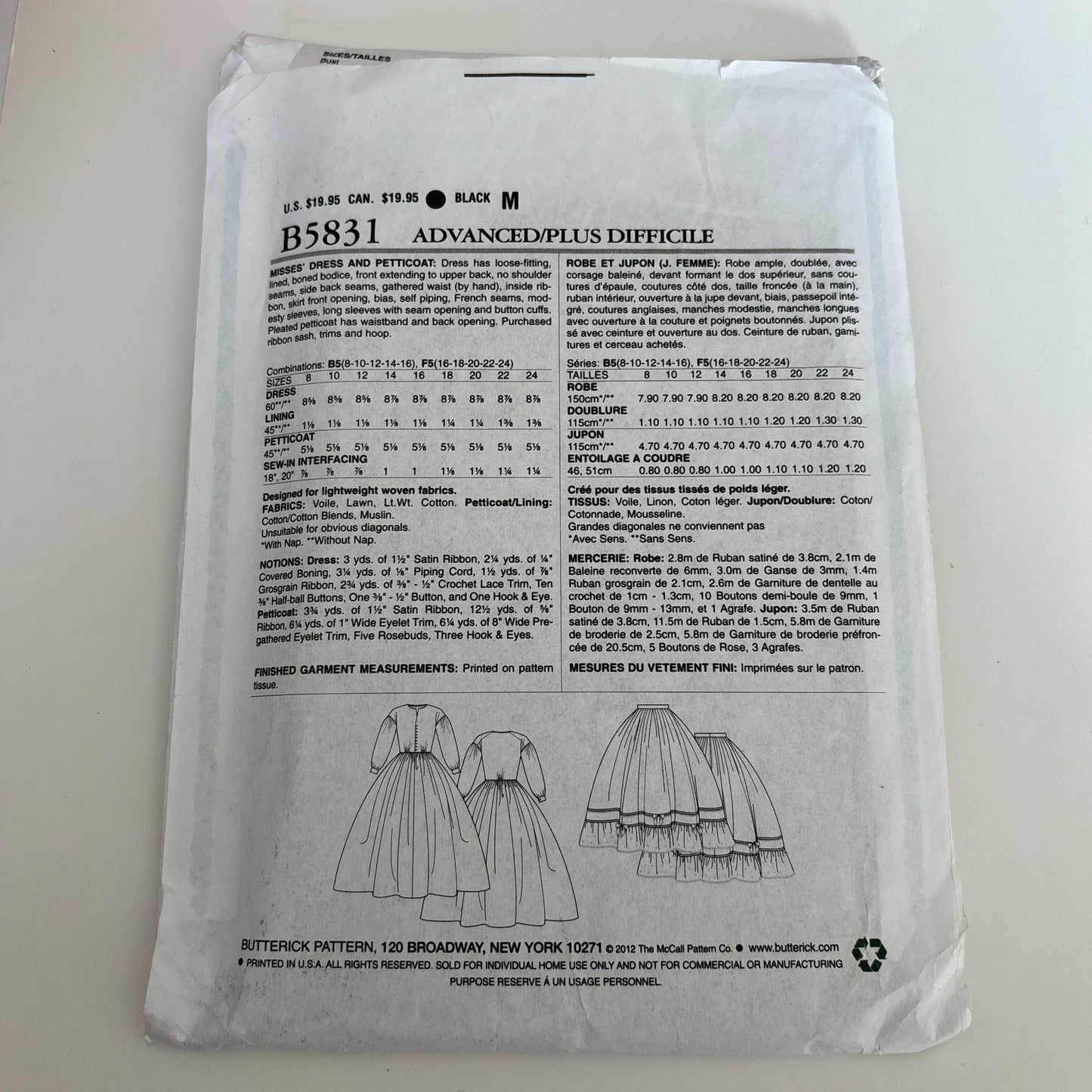 Butterick Sewing Pattern B5831 Civil War Dress Costume Hoop Skirt 8-16 Uncut Petticoat
