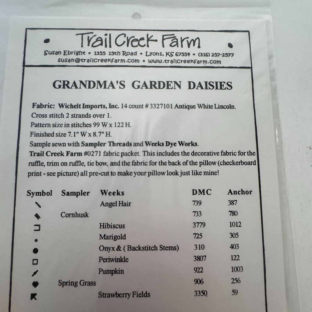 Trail Creek Farm Cross Stitch Pattern Grandmas Garden Daisies Pillow Home Decor