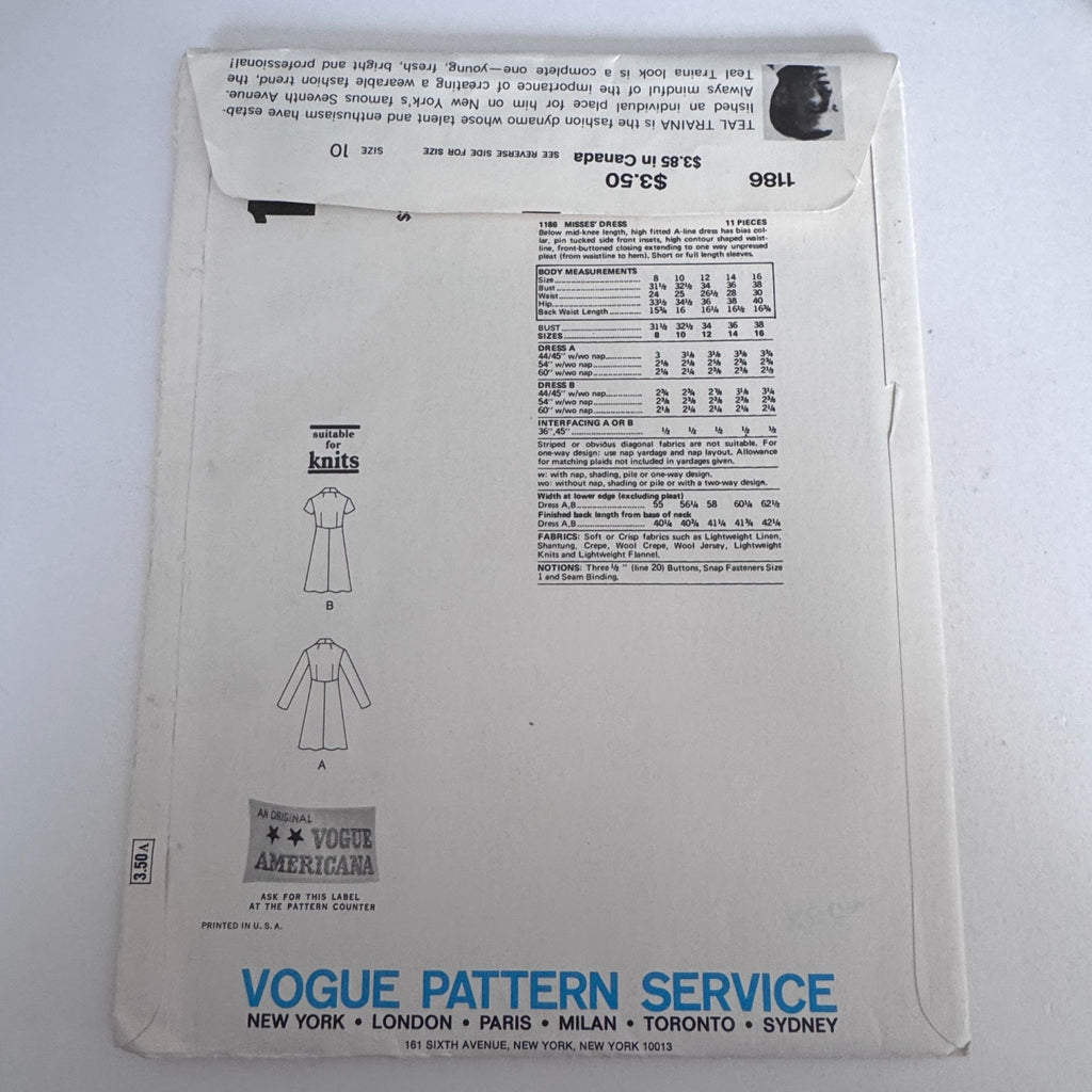 Vogue Americana Sewing Pattern 1186 Teal Traina Coat Dress 1970s A-Line Size 10 Uncut