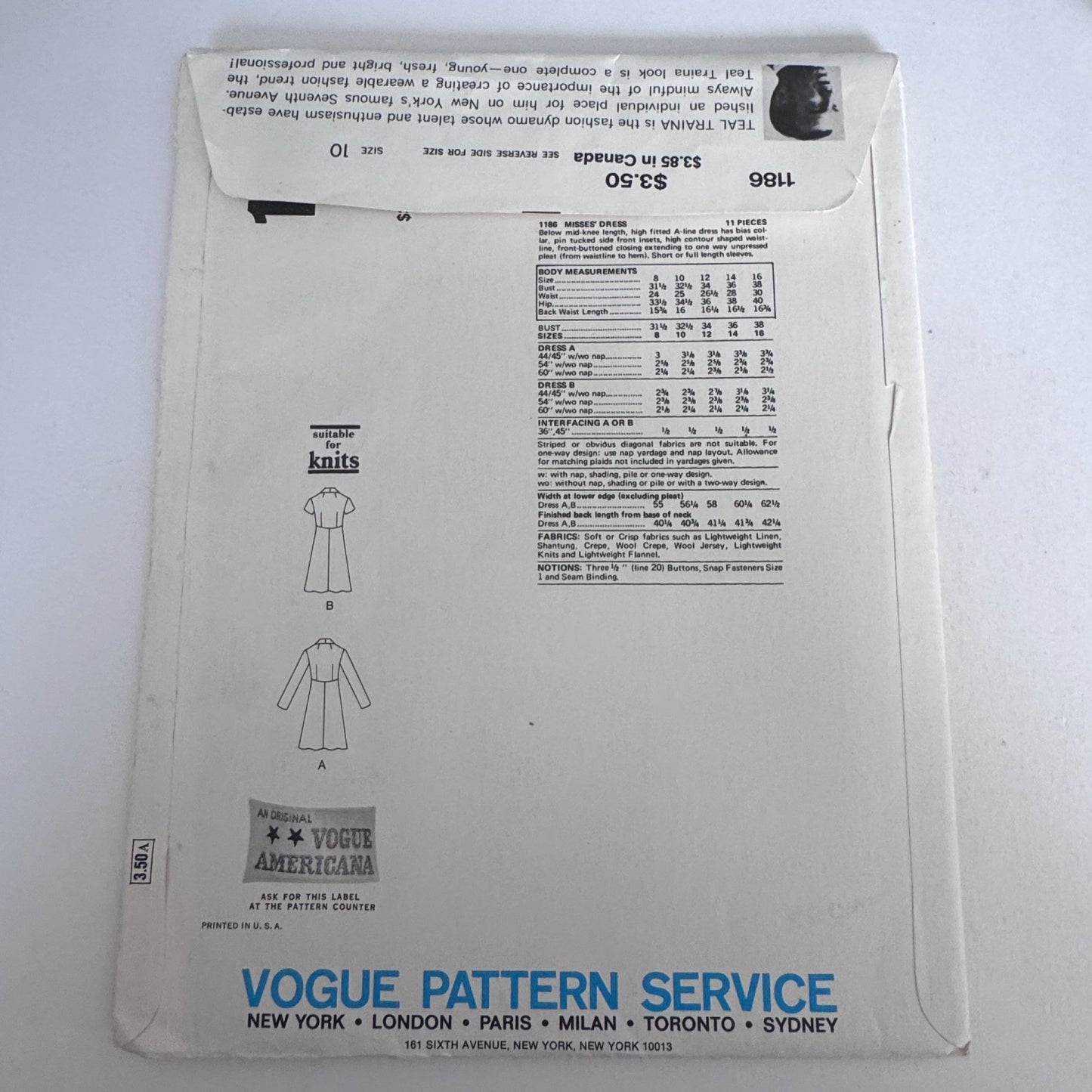 Vogue Americana Sewing Pattern 1186 Teal Traina Coat Dress 1970s A-Line Size 10 Uncut