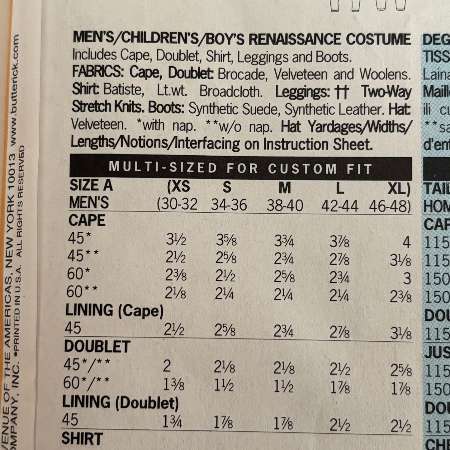 Butterick Sewing Pattern 5656 Mens Renaissance Costume Cape Doublet Shirt 30-48 Uncut Halloween