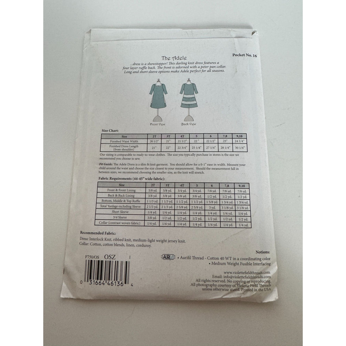 Violette Field Threads Sewing Pattern F750 Adele Collared Knit Dress 2T-10Y UC