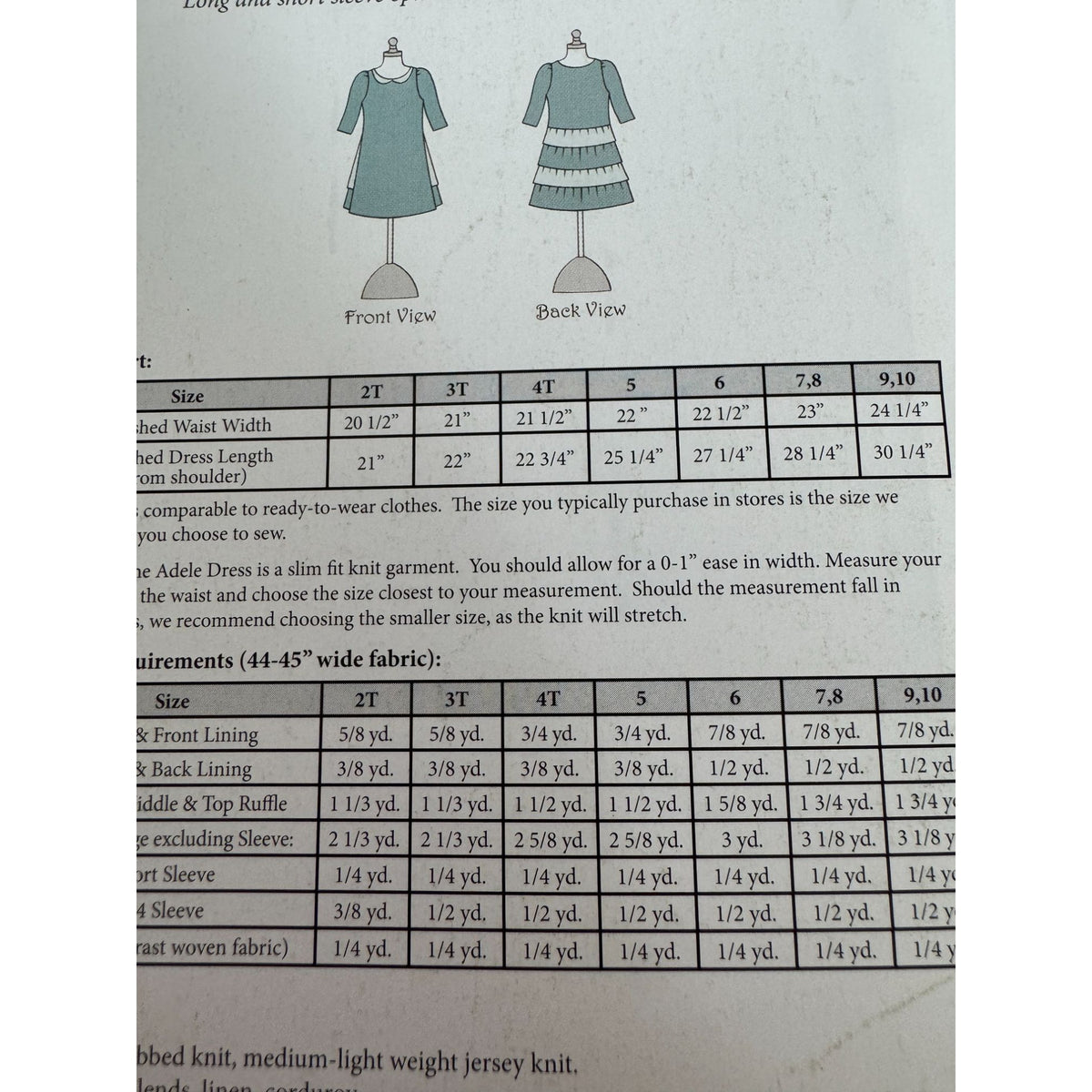 Violette Field Threads Sewing Pattern F750 Adele Collared Knit Dress 2T-10Y UC