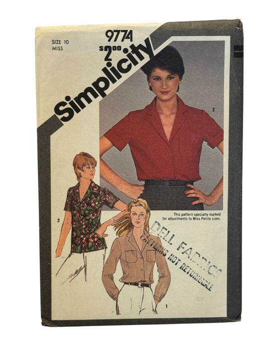 Simplicity Sewing Pattern 9774 Misses Shirt Pattern Work Blouse 10 Vintage 1980