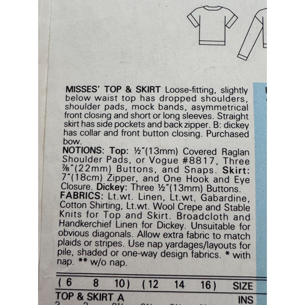 Vogue Sewing Pattern 9340 Misses Work Top Dickey Straight Skirt 6 8 10 1980s UC